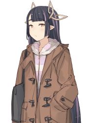 Rule 34 | 1girl, :/, alternate costume, alternate hairstyle, black hair, blunt bangs, blush, brown coat, closed mouth, coat, commentary request, demon girl, demon horns, expressionless, hanarito, hand in pocket, hood, hoodie, horns, kojo anna, long hair, looking at viewer, multicolored hair, nanashi inc., pink hoodie, pointy ears, purple hair, simple background, solo, striped clothes, striped hoodie, sugar lyric, two-tone hair, upper body, virtual youtuber, white background, yellow eyes
