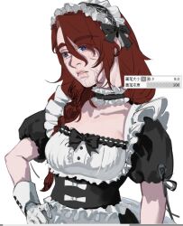 Rule 34 | 1girl, alternate costume, animification, apex legends, art program in frame, black bow, black choker, black dress, bloodhound (apex legends), bow, braid, breasts, choker, chongmingggg, collarbone, commentary, dress, enmaided, frilled choker, frills, genderswap, genderswap (otf), gloves, hair behind ear, hairband, hand on own hip, lolita hairband, long hair, maid, medium breasts, parted lips, pink lips, red hair, scar, solo, symbol-only commentary, white background, white gloves