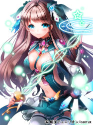 Rule 34 | 1girl, adapted costume, aile (crossroads), aqua eyes, between breasts, black gloves, breasts, brown hair, copyright name, feathers, fingerless gloves, gloves, hair ornament, junketsu duelion, lace, long hair, looking at viewer, navel, necktie, official art, pleated skirt, rapier, saotome asuna, simple background, skirt, smile, solo, sword, thighhighs, weapon, white background, white thighhighs