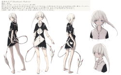 Rule 34 | 1girl, arm at side, bare legs, barefoot, black nails, blue eyes, blush, byakuen rubia, character sheet, crying, crying with eyes open, dress, dripping, highres, layered dress, looking at viewer, looking away, looking back, looking down, multiple views, nail polish, neck tattoo, original, profile, sad, short hair with long locks, short sleeves, sideways glance, simple background, smile, streaming tears, tail, tattoo, tears, translation request, turnaround, two-tone dress, white background, white hair, yukima (yushika)