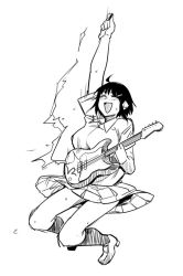 Rule 34 | 1girl, :d, ahoge, blush, breasts, collared shirt, electric guitar, closed eyes, fukumaaya, greyscale, guitar, hair ornament, hairclip, instrument, large breasts, loafers, miniskirt, monochrome, music, open mouth, playing instrument, pleated skirt, shirt, shoes, short hair, short sleeves, simple background, skirt, smile, solo, sweat, white background