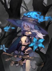 Rule 34 | 1girl, absurdres, balance (superdust), black shorts, blue fire, blue flower, breasts, cape, crying, earrings, fire, flower, forest, gloves, hair between eyes, hat, highres, jewelry, long hair, looking away, makeup, mascara, midriff, nature, original, purple cape, purple hat, red eyes, shorts, silver hair, solo, staff, tattoo, witch hat