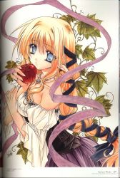 Rule 34 | 1girl, absurdres, apple, blonde hair, blue hair, dress, elf, food, fruit, highres, holding, holding food, holding fruit, jewelry, leaf, long hair, necklace, pointy ears, ryuuga shou, solo, very long hair