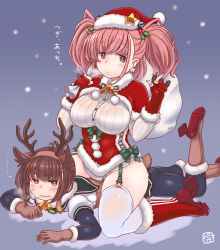 Rule 34 | 2girls, animal costume, antlers, atlanta (kancolle), black footwear, blush, boots, breasts, breath, brown hair, capelet, christmas, commentary request, corset, crossdressing, dress, earrings, fukidamari no peke, fur trim, garter straps, gloves, hair ornament, hat, hatsuzuki (kancolle), highres, horns, jewelry, kantai collection, large breasts, long hair, long sleeves, multiple girls, red footwear, reindeer antlers, reindeer costume, sack, santa costume, santa hat, short hair, sitting, sitting on person, star (symbol), star earrings, sweatdrop, thighhighs, twintails, two side up, white legwear