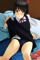 Rule 34 | 1girl, absurdres, black dress, black hair, blue one-piece swimsuit, blush, bow, brown eyes, closed mouth, clothes lift, collared shirt, dress, dress lift, fingernails, hair between eyes, hair bow, highres, lifted by self, long sleeves, matsunaga kouyou, nose blush, one-piece swimsuit, original, pillow, pinafore dress, pleated dress, red bow, shirt, sidelocks, sitting, sleeveless dress, smile, solo, swimsuit, swimsuit under clothes, white shirt