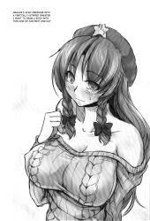 Rule 34 | 1girl, absurdres, bare shoulders, beret, blush, bow, braid, breasts, cleavage, greyscale, hair bow, hard-translated, hat, highres, hong meiling, kinntarou, large breasts, long hair, monochrome, monochrome, ribbed sweater, solo, star (symbol), sweatdrop, sweater, third-party edit, touhou, translated, twin braids