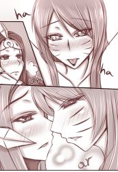 Rule 34 | 2girls, ahri (league of legends), bad id, bad pixiv id, blush, breath, collarbone, embarrassed, highres, imminent kiss, kiss, league of legends, leona (league of legends), long hair, looking at another, monochrome, multiple girls, nose blush, off shoulder, oldlim, sepia, slit pupils, tongue, tongue out, yuri