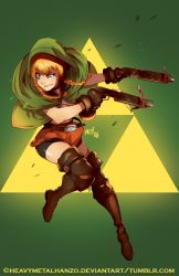 Rule 34 | 1girl, blonde hair, blue eyes, boots, bow (weapon), braid, brown footwear, capelet, crossbow, dual wielding, green capelet, holding, hood, hyrule warriors, leather, leather boots, linkle, long hair, metalhanzo, nintendo, pointy ears, skirt, smile, solo, the legend of zelda, thigh boots, thighhighs, triforce, twin braids, weapon, zettai ryouiki