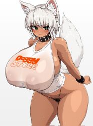 Rule 34 | 1girl, animal ear fluff, animal ears, belt collar, breasts, choker, collar, covered erect nipples, crotchless, crotchless panties, dark-skinned female, dark skin, english text, green eyes, huge breasts, makino momiji (artist), original, panties, print shirt, pubic hair, pussy, pussy cutout, see-through, see-through shirt, shirt, short hair, solo, standing, studded bracelet, tail, tank top, thick thighs, thighs, underwear, wavy mouth, white background, white hair