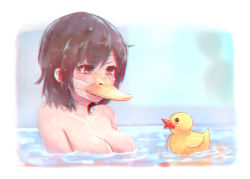 Rule 34 | 1girl, absurdres, afloat, bathing, black hair, blue background, breasts, brown hair, chromatic aberration, cleavage, collarbone, commentary request, highres, hoshibuchi, mask, medium breasts, original, partially submerged, rubber duck, short hair, solo, upper body, water, water drop, wet, wet hair