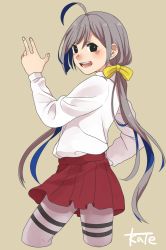 Rule 34 | 10s, 1girl, ahoge, artist name, black eyes, blush, from side, grey hair, hair ribbon, hand on own hip, kantai collection, kiyoshimo (kancolle), long sleeves, looking at viewer, low twintails, nagisa (12363), pantyhose, pleated skirt, red skirt, ribbon, skirt, solo, thigh strap, thighhighs, twintails, w, yellow ribbon