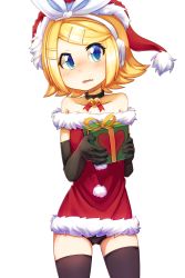 Rule 34 | 1girl, bare shoulders, bell, black gloves, black panties, black thighhighs, blonde hair, blue eyes, blush, box, choker, christmas, collaboration, dress, elbow gloves, fang, flat chest, gift, gift box, gloves, hair ornament, hairclip, hat, headphones, highres, kagamine rin, monorus, neck bell, panties, pantyshot, parted bangs, rori (4chan), santa hat, short dress, solo, standing, thighhighs, underwear, vocaloid