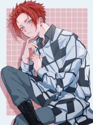 Rule 34 | 1boy, black footwear, blue eyes, blue lock, boots, closed mouth, cowboy shot, grey pants, hand up, highres, itoshi sae, long sleeves, looking at viewer, male focus, na su, pants, pink background, red hair, shirt, short hair, sitting, solo, white shirt