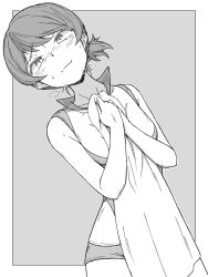 Rule 34 | 1girl, absurdres, blush, border, closed mouth, commentary request, covering privates, girls und panzer, greyscale, half-closed eyes, highres, holding, holding towel, kawanishi shinobu, long hair, looking at viewer, monochrome, outside border, renshiu, shirt, short hair, short ponytail, short shorts, shorts, sleeveless, sleeveless shirt, smile, solo, sportswear, standing, sweat, swept bangs, towel, volleyball uniform
