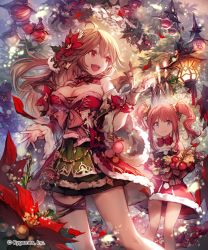 Rule 34 | 10s, 2girls, :d, ahoge, bare shoulders, basket, bauble, blue eyes, bracelet, choker, christmas ornaments, christmas tree, cygames, flower, fur, gloves, hair ornament, highres, jewelry, lee hyeseung, long hair, looking to the side, miniskirt, multiple girls, official art, open mouth, plumeria (shingeki no bahamut), red eyes, red hair, shingeki no bahamut, skirt, smile, snow, snowing, standing, thigh strap, twintails, wide sleeves