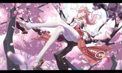 Rule 34 | 1girl, animal ears, arm up, bare shoulders, blouse, blush, breasts, cherry blossoms, detached sleeves, earrings, falling petals, floral print, fox ears, genshin impact, hair ornament, headgear, highres, in tree, index finger raised, japanese clothes, jewelry, kimono, large breasts, lazy guang guang, legs, letterboxed, long hair, long legs, looking at viewer, miko, necklace, pantyhose, pendant, petals, pink hair, priestess, print sleeves, purple eyes, red skirt, sandals, shirt, shoe dangle, sidelocks, sitting, sitting in tree, skirt, sleeveless, sleeveless kimono, sleeveless shirt, smile, solo, thighband pantyhose, thighs, toes, tree, very long hair, white kimono, white pantyhose, white shirt, wide sleeves, yae miko