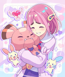 Rule 34 | 1girl, absurdres, blush, cardigan, closed eyes, collared shirt, commentary request, creatures (company), eyelashes, game freak, gen 2 pokemon, gen 3 pokemon, grin, hair ornament, hairclip, heart, highres, holding, holding pokemon, itsumiruka, lacey (pokemon), medium hair, minun, neckerchief, nintendo, open cardigan, open clothes, outline, pants, pink hair, pink neckerchief, plusle, pokemon, pokemon (creature), pokemon sv, purple pants, shirt, smile, snubbull, sparkle, teeth, white shirt