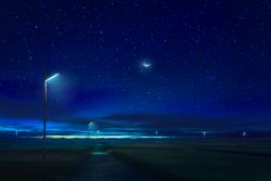 Rule 34 | blue theme, cloud, commentary request, crescent moon, dark, field, grass, lamppost, light, md5 mismatch, mks, moon, night, night sky, no humans, original, outdoors, resolution mismatch, road, scenery, sky, source larger, star (sky), starry sky