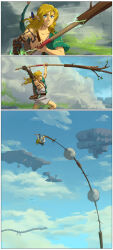 Rule 34 | 1boy, 3koma, absurdres, archaic set (zelda), arm tattoo, armpits, arms up, asymmetrical clothes, bird, blonde hair, blue eyes, blue sky, body markings, boulder, bow (weapon), branch, cloud, collarbone, comic, determined, dragon, floating island, gameplay mechanics, green tunic, hair down, highres, holding, holding pole, link, medium hair, nintendo, pectorals, pitchfork, pointy ears, pole, pole vault, rock, running, sandals, serious, short sleeves, sidelocks, silhouette, single bare shoulder, single sleeve, sky, solo, stup-jam, tattoo, the legend of zelda, the legend of zelda: tears of the kingdom, toned, toned male, weapon, weapon on back