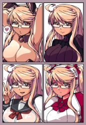 Rule 34 | 1girl, ahoge, alma armas, alternate costume, alternate hairstyle, animal ears, armpits, arms up, bare shoulders, black-framed eyewear, black leotard, blonde hair, blush, border, bow, bowtie, breasts, brown border, brown eyes, cleavage, closed mouth, commentary request, cosplay, dark-skinned female, dark skin, detached collar, dorothy haze, dorothy haze (cosplay), fake animal ears, glasses, hairband, heart, highres, large breasts, leotard, long hair, long sleeves, looking at viewer, lower teeth only, mikiji, multiple views, parted lips, playboy bunny, puffy sleeves, purple sweater, rabbit ears, rectangular eyewear, red bow, red bowtie, ribbed sweater, sailor collar, school uniform, shirt, simple background, smile, spoken heart, strapless, strapless leotard, sweater, teardrop, teeth, turtleneck, turtleneck sweater, twintails, upper body, v, va-11 hall-a, white background, white hairband, white shirt