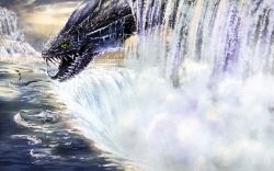 Rule 34 | boat, fantasy, highres, monster, open mouth, original, serpent, sharp teeth, slit pupils, smile (pixiv9790122), smile (qd4nsvik), teeth, tongue, tongue out, water, waterfall