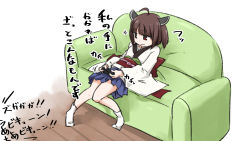 Rule 34 | 1girl, ahoge, blue skirt, brown hair, couch, headgear, highres, japanese clothes, kimono, looking away, neon-tetora, obi, on couch, parted lips, pleated skirt, red eyes, sash, skirt, socks, solo, sparkle, touhoku kiritan, translation request, two side up, voiceroid, white background, white kimono, white socks, wooden floor