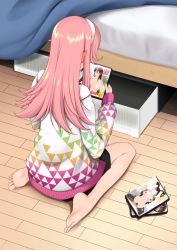 Rule 34 | 1girl, bed, bedroom, black skirt, blush, commentary request, dream c club, dream c club (series), dream c club gogo., dvd case, ear blush, feet, from behind, hairband, hisakabe oto, jacket, long hair, meme attire, noko (dream c club gogo.), pink hair, pornography, reverse bunnysuit, reverse outfit, sitting, skirt, solo, thighs, wariza, white hairband, wooden floor
