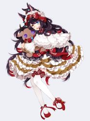 Rule 34 | 1girl, :d, animal ears, ankle ribbon, black hair, blue eyes, button eyes, buttons, character request, copyright request, dress, frills, full body, grey background, heterochromia, high heels, hugging object, kikamaka, leg ribbon, long hair, multicolored hair, open mouth, red hair, ribbon, rokka kitan, shoes, simple background, smile, solo, sparkle, sparkling eyes, stuffed animal, stuffed toy, thighhighs, two-tone hair, very long hair, white thighhighs, yellow eyes, yudeta macaroni