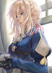 Rule 34 | 1girl, blonde hair, blue eyes, blue jacket, braid, cup, hair between eyes, hair ribbon, hinoru saikusa, holding, holding cup, indoors, jacket, long hair, long sleeves, parted lips, prosthesis, prosthetic hand, red ribbon, ribbon, solo, upper body, violet evergarden, violet evergarden (series)
