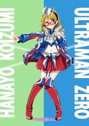 Rule 34 | 1girl, blue background, blush, boots, breasts, brown hair, character name, color timer, cosplay, crossover, embarrassed, english text, full body, garter straps, glasses, green background, headphones, highres, jacket, koizumi hanayo, large breasts, love live!, love live! school idol project, midriff, miniskirt, navel, purple eyes, red-framed eyewear, red footwear, sasanon (sasapoliton), short hair, skirt, solo, standing, thighhighs, two-tone background, ultra series, ultraman zero, ultraman zero: the revenge of belial, ultraman zero (cosplay)