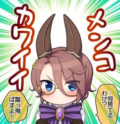 Rule 34 | 1girl, animal ears, black gloves, blue eyes, blush, bow, brooch, brown hair, commentary request, eyes visible through hair, glasses, gloves, hair between eyes, hair over one eye, hands up, highres, horse ears, jewelry, narita taishin (difference engineer) (umamusume), narita taishin (umamusume), no mouth, purple bow, semi-rimless eyewear, shirt, solo, striped, striped bow, takiki, translation request, umamusume, under-rim eyewear, upper body, white shirt, yellow-framed eyewear