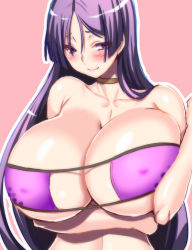 Rule 34 | 1girl, bikini, blush, breast hold, breasts, choker, cleavage, closed mouth, collarbone, eyepatch bikini, fate/grand order, fate (series), huge breasts, long hair, looking at viewer, looking to the side, minamoto no raikou (fate), minamoto no raikou (fate/grand order), minamoto no raikou (swimsuit lancer) (fate), parted bangs, pink background, purple bikini, purple eyes, purple hair, simple background, smile, solo, swimsuit, very long hair, yamada gogogo