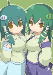 Rule 34 | 2girls, absurdres, alternate color, alternate costume, bad id, bad pixiv id, blush, breast press, breasts, detached sleeves, dual persona, female focus, hair ornament, hand on own hip, highres, himegi, hip focus, kochiya sanae, large breasts, multiple girls, open mouth, snake, symmetrical docking, touhou
