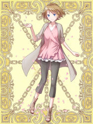 Rule 34 | 1girl, black pants, blue eyes, breasts, brown footwear, brown hair, chain, closed mouth, commentary request, dress, frilled dress, frills, full body, hair ornament, hairclip, jewelry, kerberos blade, looking at viewer, natsuya (kuttuki), necklace, pants, petals, pink dress, shirt, shoes, short dress, short hair, small breasts, smile, solo, toeless footwear, white shirt, yellow background