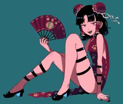 Rule 34 | 1girl, alternate costume, benikurage (cookie), black footwear, black hair, blue background, breasts, bun cover, china dress, chinese clothes, commentary request, cookie (touhou), double bun, dress, fangs, folding fan, frilled hair tubes, frills, full body, hair bun, hair tubes, hakurei reimu, hand fan, highres, looking at viewer, medium bangs, open mouth, parted bangs, paw print, red dress, red eyes, rikadai, shoes, short hair, sidelocks, simple background, sitting, sleeveless, sleeveless dress, slit pupils, small breasts, smile, solo, teeth, thigh strap, touhou, upper teeth only