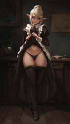 Rule 34 | 1girl, apron, player character (wow), black dress, black panties, black pantyhose, blonde hair, blue eyes, cinderone, clothes lift, clothes pull, dress, dress lift, elf, frilled apron, frills, hair bun, highres, indoors, lifting own clothes, long eyebrows, long sleeves, looking at viewer, maid, navel, panties, pantyhose, pantyhose pull, pointy ears, puffy long sleeves, puffy sleeves, short hair with long locks, solo, underwear, warcraft, white apron, world of warcraft