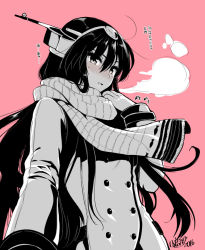 Rule 34 | 10s, 1girl, blush, coat, double-breasted, headgear, kantai collection, kojima saya, long hair, monochrome, nagato (kancolle), pink background, scarf, simple background, solo, sweatdrop, winter clothes, winter coat