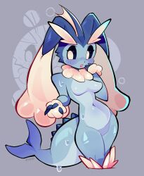 1girl :o animal_ears breasts creatures_(company) fins fish_tail furry furry_female fusion game_freak gen_1_pokemon gen_4_pokemon head_fins highres lopunny navel nintendo open_mouth pokemon pokemon_(creature) rabbit_ears sashley standing sweat tail vaporeon white_eyes