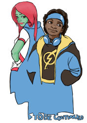 Rule 34 | 1boy, 1girl, alien, black hair, brown eyes, cape, colored skin, company connection, dark skin, dc comics, gloves, goggles, goggles around neck, green skin, dreadlocks, hands in pockets, hands on own hips, jacket, mask, miss martian, red hair, simple background, skirt, static shock, teen titans, virgil ovid hawkins