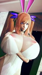 Rule 34 | 1girl, 3d, animal ears, areola slip, artist request, bare shoulders, blonde hair, breasts, breasts squeezed together, cleavage, crossed arms, curvy, fake animal ears, gloves, highleg, highleg leotard, highres, huge breasts, leotard, long hair, looking at viewer, onizaki kirara, playboy bunny, rabbit ears, revealing clothes, shiny skin, smile, solo, taimanin (series), taimanin rpgx, thong leotard, twintails, white leotard