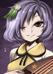 Rule 34 | 1girl, biwa lute, brown eyes, hair ornament, harusame (unmei no ikasumi), instrument, lute (instrument), musical note, purple hair, simple background, smile, solo, touhou, tsukumo benben, upper body