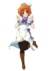 Rule 34 | 00s, bad id, bad pixiv id, black thighhighs, blue eyes, boots, bow, cross-laced footwear, dress, full body, hands up, hat, higurashi no naku koro ni, knee boots, lace-up boots, looking at viewer, one leg raised, orange hair, panties, pantyshot, purple bow, ryuuguu rena, short hair, solo, standing, standing on one leg, thighhighs, underwear, wristband, yoohi