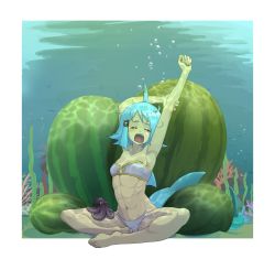 Rule 34 | 1girl, abs, absurdres, arm up, armpits, bikini, border, breasts, bubble, closed eyes, commentary, english commentary, fins, fish tail, food, fruit, full body, hair ornament, highres, leotard, messy hair, muscular, muscular female, navel, octopus, open mouth, original, outside border, shark fin, shark girl, shark tail, shortfin (suweeka), sitting, skull hair ornament, small breasts, solo, strapless, strapless bikini, strapless leotard, stretching, suweeka, swimsuit, tail, underwater, waking up, watermelon, white bikini, white border, yawning