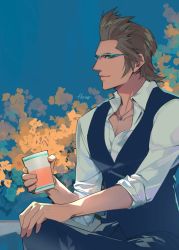 Rule 34 | 1boy, artist name, black vest, brown hair, collared shirt, cup, final fantasy, final fantasy xv, glasses, green eyes, hair slicked back, hinoe (dd works), holding, holding cup, ignis scientia, jewelry, male focus, necklace, open collar, shirt, short hair, sideburns, sitting, sleeves rolled up, smile, solo, upper body, vest, waistcoat, white shirt