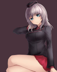 Rule 34 | 10s, 1girl, aqua eyes, arm at side, arm up, bare legs, black hat, black jacket, breasts, closed mouth, crossed legs, eyebrows, frown, garrison cap, girls und panzer, hand in own hair, hat, highres, itsumi erika, jacket, large breasts, long sleeves, looking at viewer, military, military uniform, neit ni sei, pleated skirt, purple background, red skirt, silver hair, simple background, skirt, solo, thighs, uniform