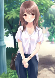 Rule 34 | 1girl, bag, blue pants, blurry, blurry background, blush, brown eyes, brown hair, closed mouth, collarbone, commentary request, day, depth of field, highres, lamppost, long hair, looking at viewer, original, outdoors, pants, shirt, short sleeves, shoulder bag, smile, solo, standing, tree, white shirt, yukimaru217