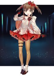Rule 34 | 1girl, :d, brown eyes, brown hair, dress, female focus, frilled dress, frills, gloves, highres, mitake eil, multicolored hair, open mouth, original, pantyhose, red hair, shoes, signature, smile, solo, standing, twintails