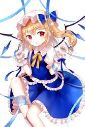 Rule 34 | 1girl, alternate color, arm ribbon, arms up, blonde hair, blue nails, blue skirt, blue vest, crystal, curled fingers, expressionless, feet out of frame, fingernails, flandre scarlet, frilled skirt, frilled vest, frills, hair between eyes, hair ribbon, hat, highres, knee up, leg ribbon, looking at viewer, mob cap, nail polish, neck ribbon, pale skin, parted lips, petticoat, pointy ears, puffy short sleeves, puffy sleeves, red eyes, ribbon, sakizaki saki-p, shirt, short hair, short sleeves, side ponytail, simple background, sitting, skirt, solo, touhou, triangle mouth, vest, white background, white hat, white shirt, wings, wrist cuffs, yellow ribbon
