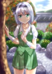 Rule 34 | 1girl, bad id, bad pixiv id, bandages, blue sky, breasts, cleavage, cloud, dappled sunlight, day, garden, green eyes, hair ribbon, highres, konpaku youmu, large breasts, light smile, pond, puffy short sleeves, puffy sleeves, ribbon, rock, shirt, short sleeves, silver hair, skirt, skirt set, sky, solo, sunlight, sweat, touhou, tree, vest, wall, wendell