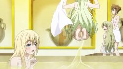 Rule 34 | 2girls, animated, anime screencap, ass, bare shoulders, bathhouse, bathing, blonde hair, blue eyes, blush, collarbone, completely nude, elf, feet, goblin slayer!, green eyes, green hair, high elf archer (goblin slayer!), highres, long hair, multiple girls, naked towel, nude, partially submerged, pointy ears, priestess (goblin slayer!), screencap, sidelocks, sound, subtitled, tagme, thighs, towel, very long hair, video, wide hips